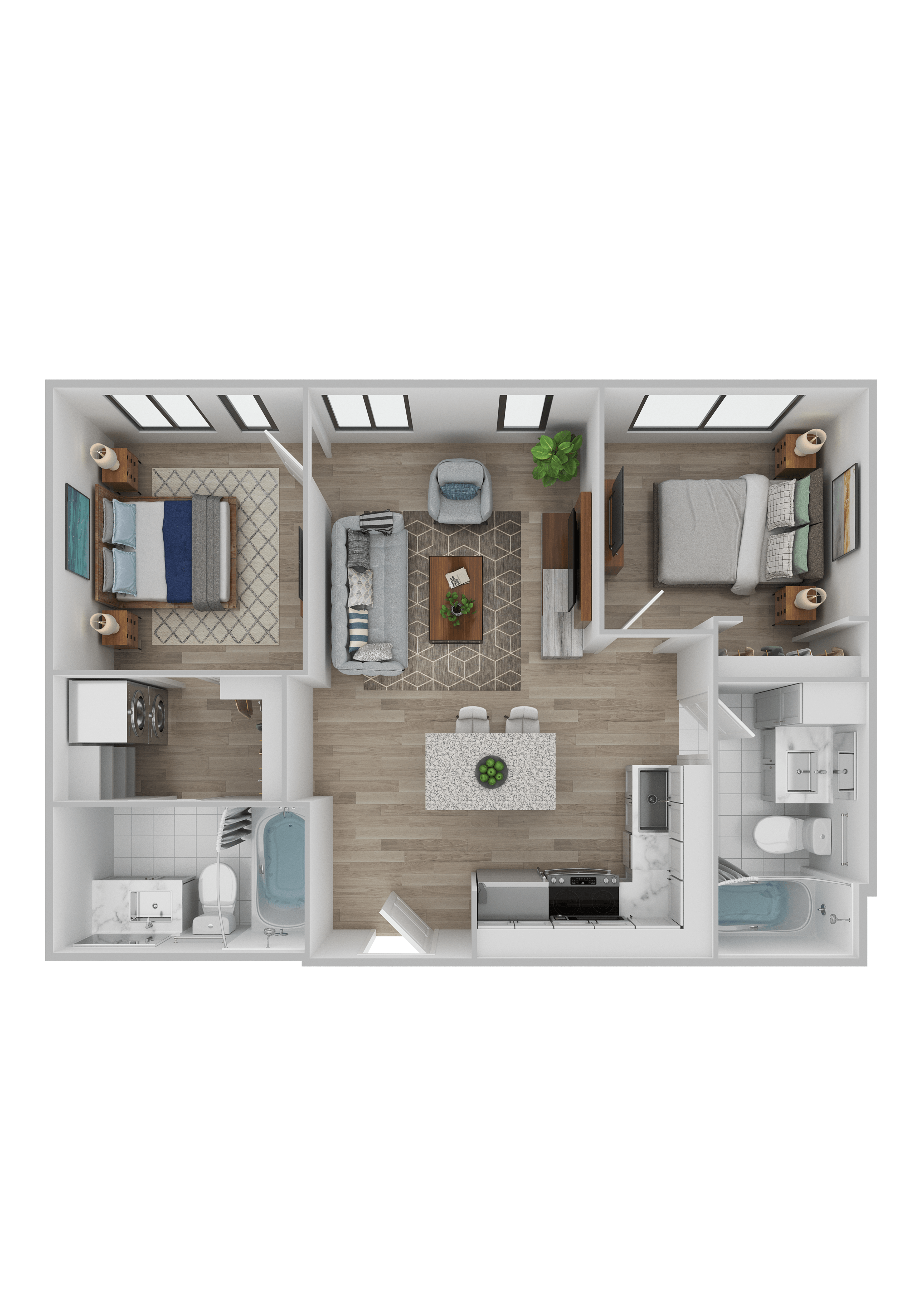 Floor plan for 2 beds, 2 baths, 722 sqft